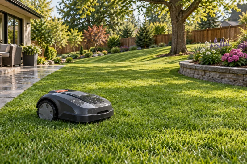 Illustrated robot mower parked beside a damp lawn with trees, a gentle slope, a paved border, and a raised flower bed