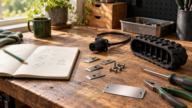 Editorial research bench with generic robot mower blades, track and connector used to compare model fit.
