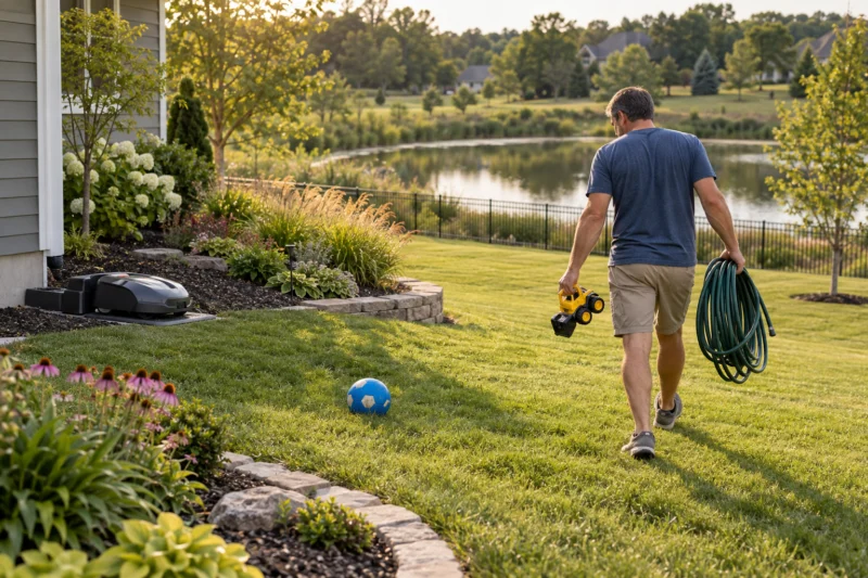 Homeowner clearing a hose and toy before a robot mower runs near a fenced pond