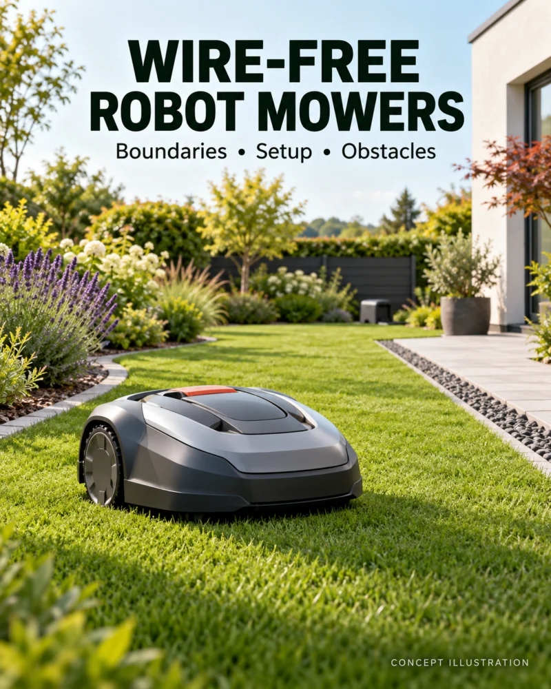 Illustration of a wire-free robot mower navigating a lawn near garden beds