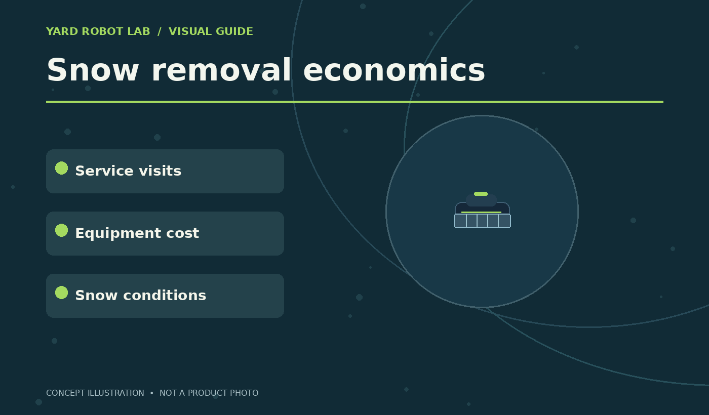 Illustrated snow removal economics guide showing service visits, equipment cost, and snow conditions