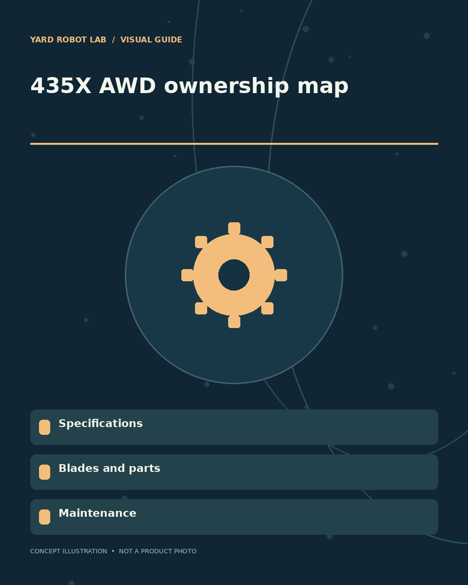 Illustrated 435x awd ownership map guide showing specifications, blades and parts, and maintenance