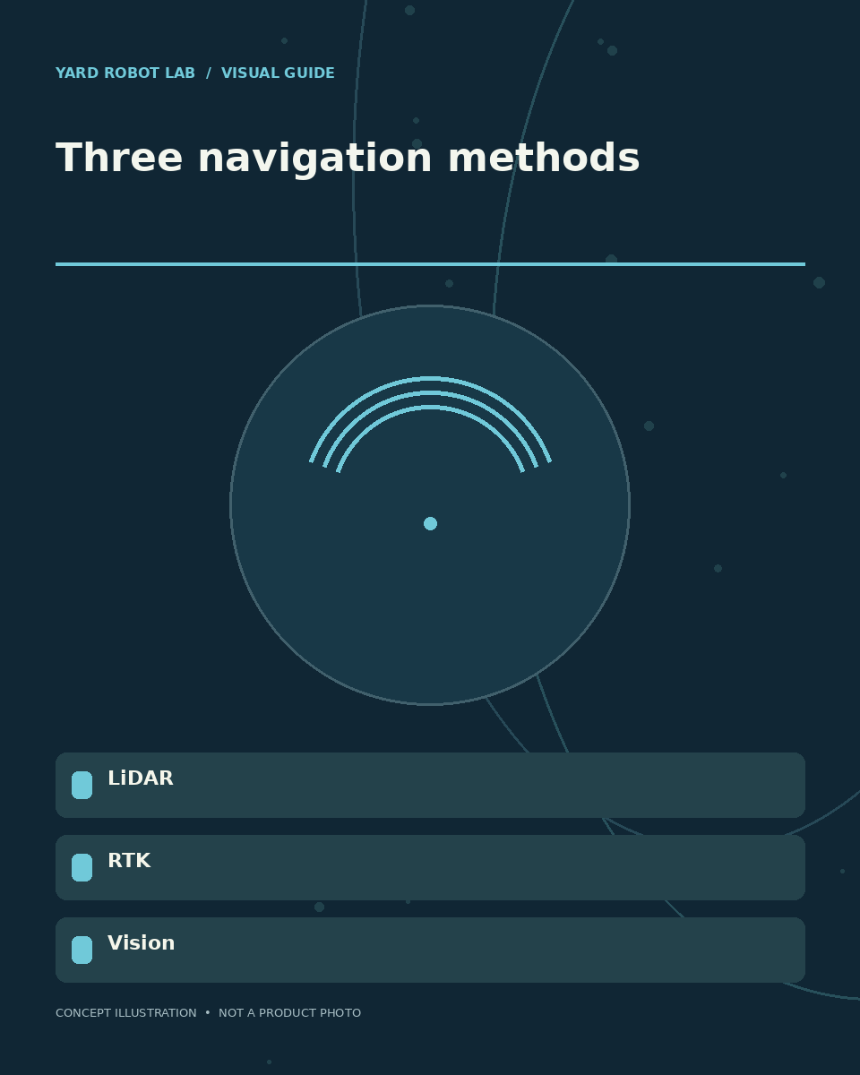 Illustrated three navigation methods guide showing lidar, rtk, and vision