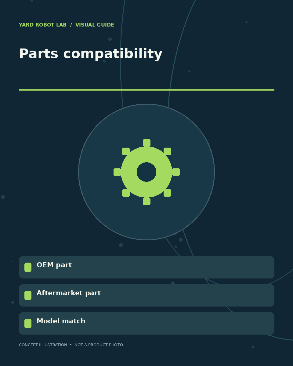 Illustrated parts compatibility guide showing oem part, aftermarket part, and model match