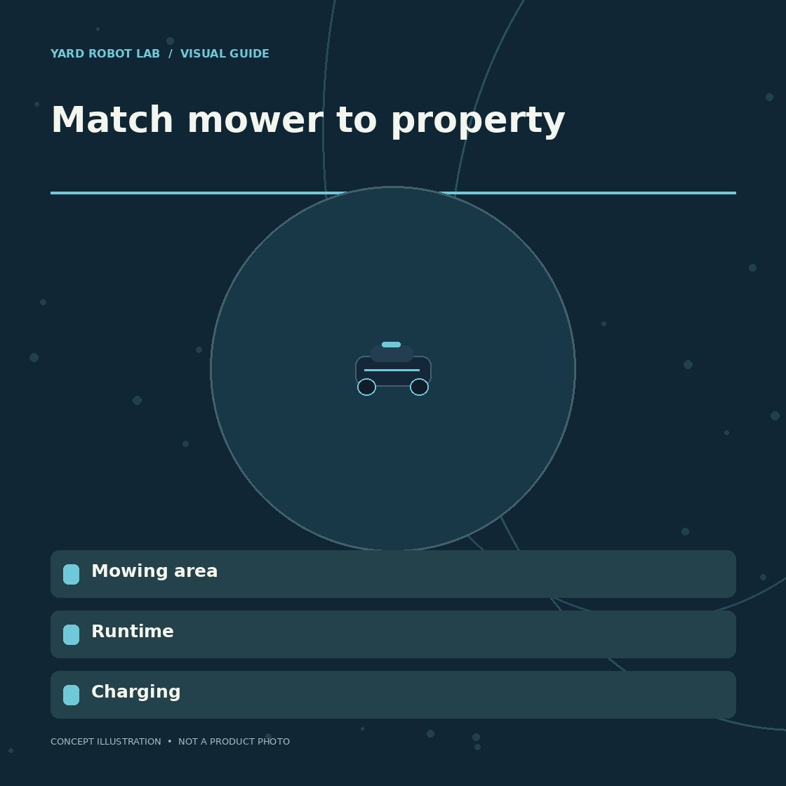 Illustrated match mower to property guide showing mowing area, runtime, and charging