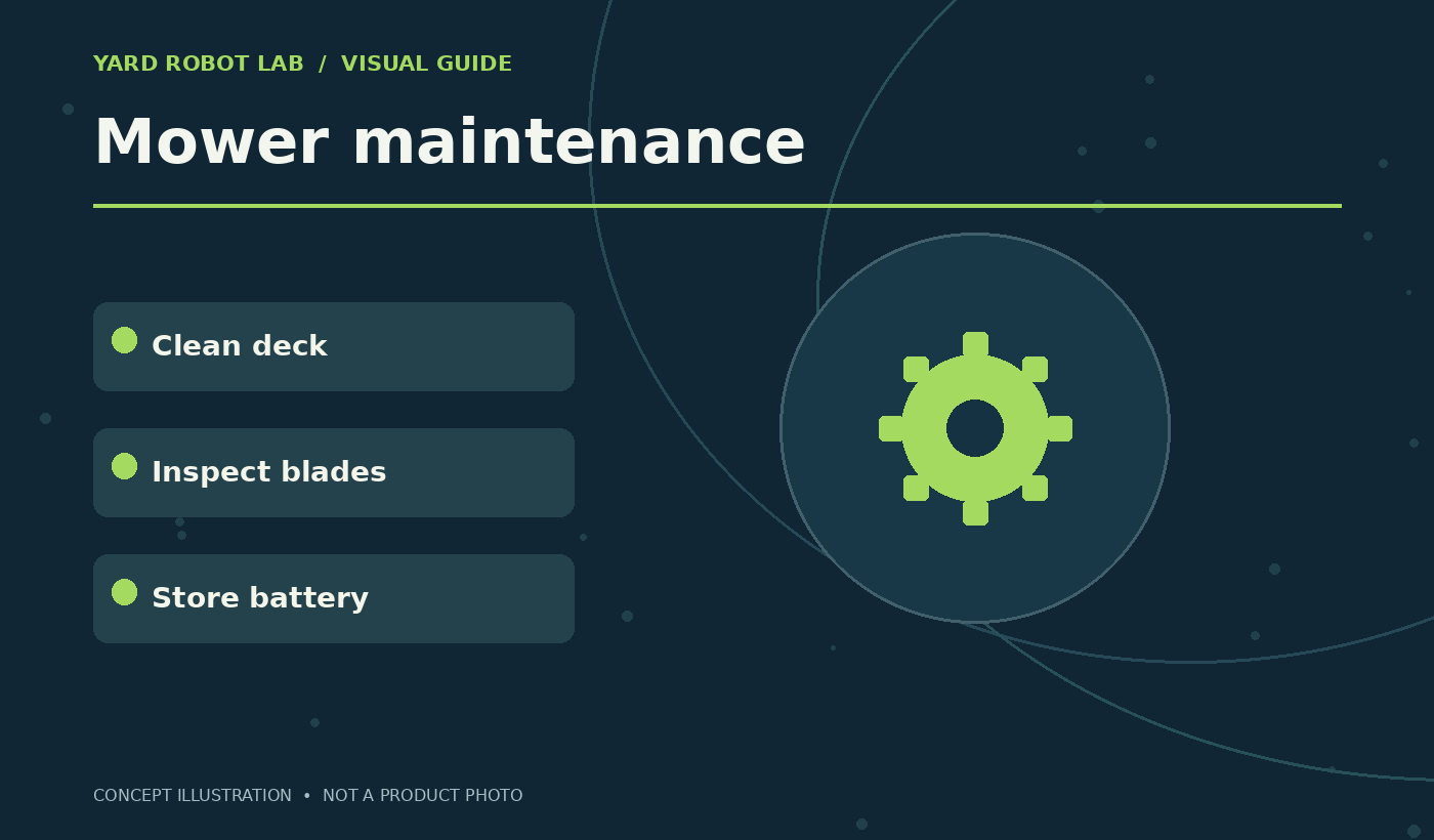 Illustrated mower maintenance guide showing clean deck, inspect blades, and store battery
