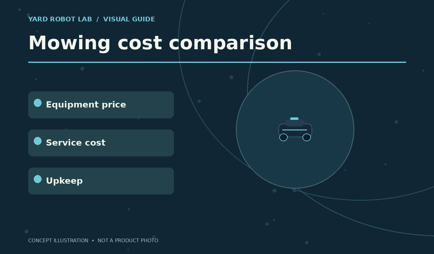 Illustrated mowing cost comparison guide showing equipment price, service cost, and upkeep