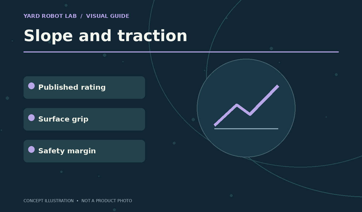 Illustrated slope and traction guide showing published rating, surface grip, and safety margin