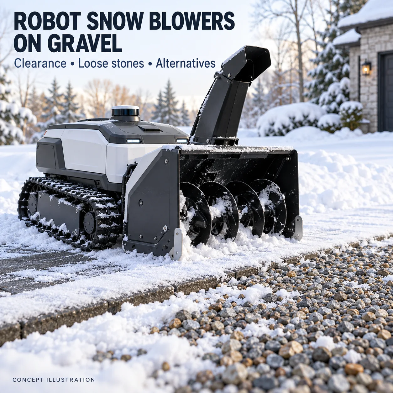 Concept robot snow blower parked beside a snowy gravel driveway with loose stones visible.