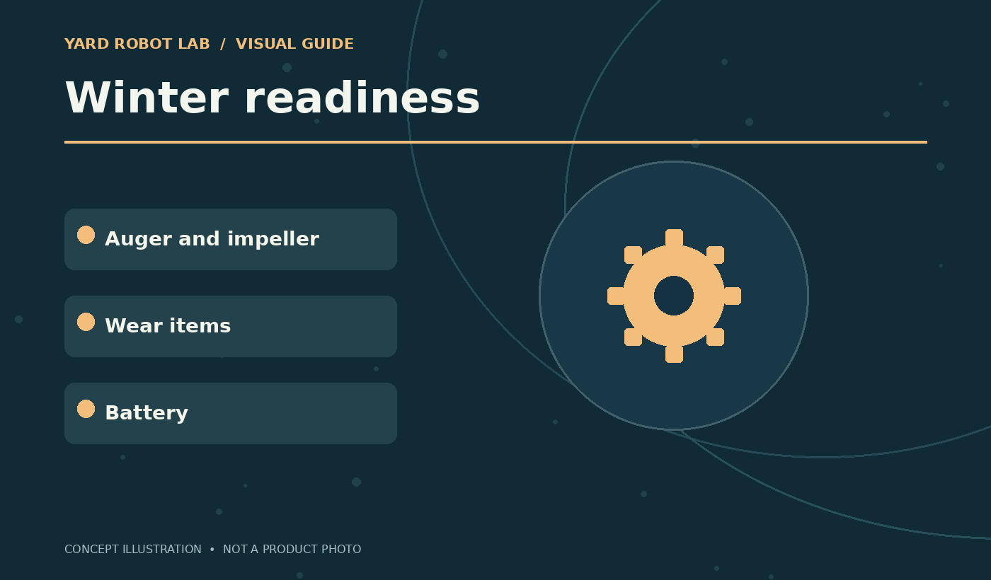 Illustrated winter readiness guide showing auger and impeller, wear items, and battery
