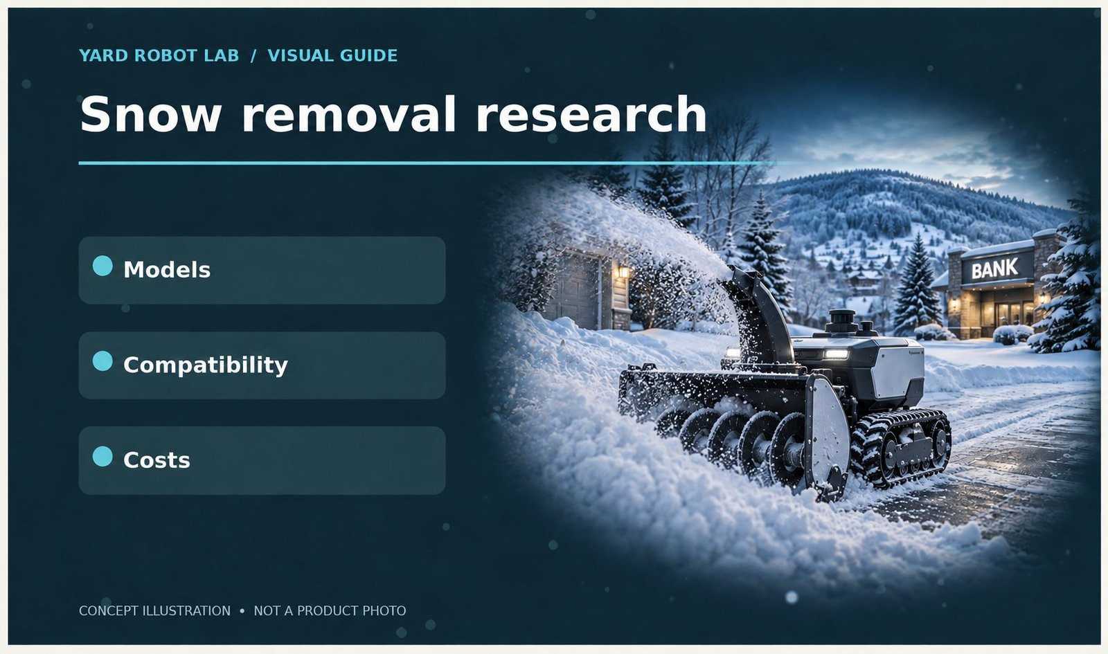 Concept montage of a tracked robotic snow blower with auger and chute throwing snow near a snowy hill and bank sign