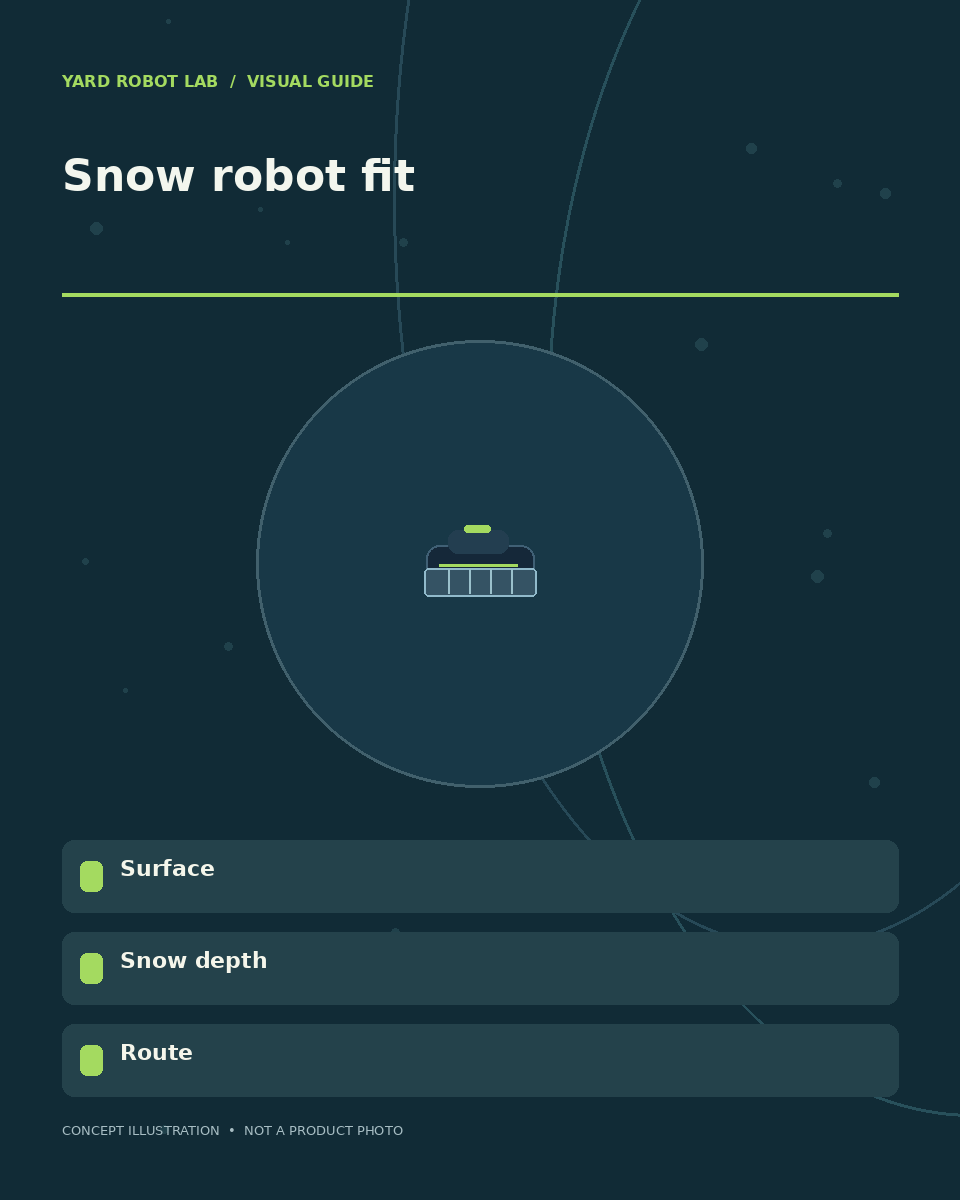 Illustrated snow robot fit guide showing surface, snow depth, and route