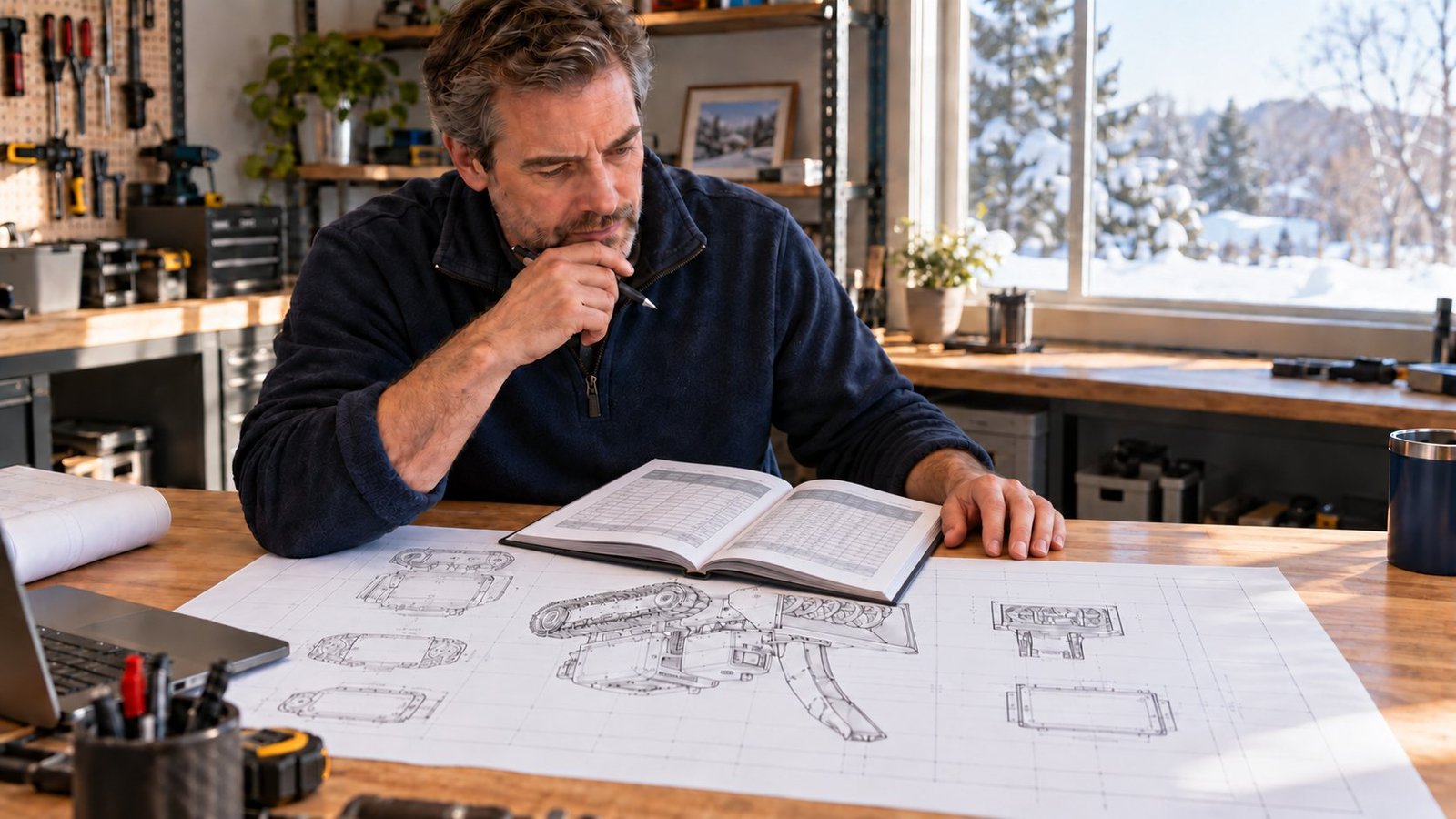 Man studying an open reference manual with tables and a conceptual engineering drawing for Yarbo snow blower research