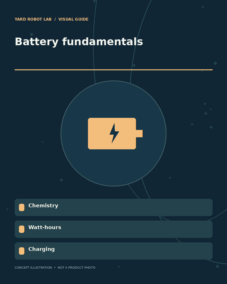 Illustrated battery fundamentals guide showing chemistry, watt-hours, and charging