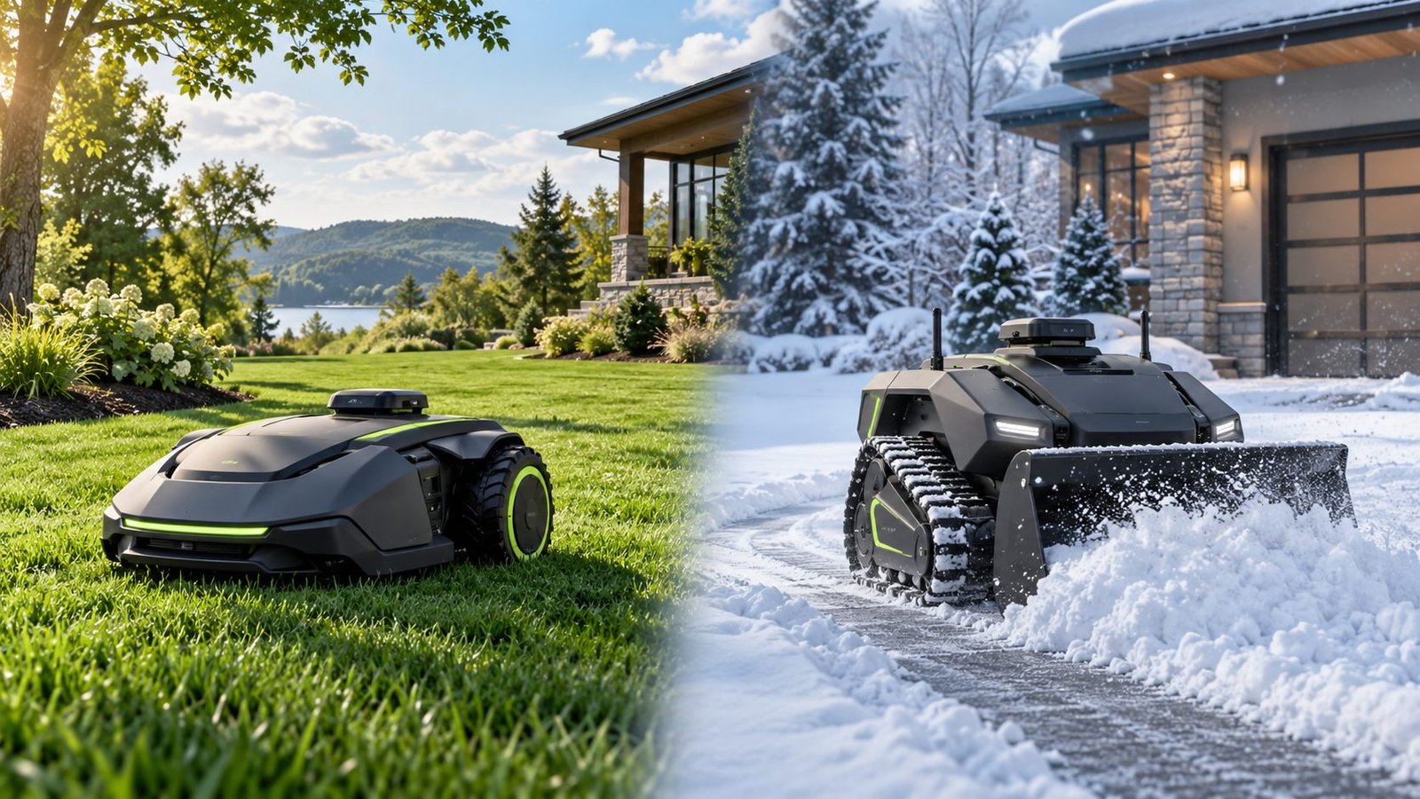 Concept illustration of a robotic lawn mower on grass beside a tracked snow clearing robot on a driveway